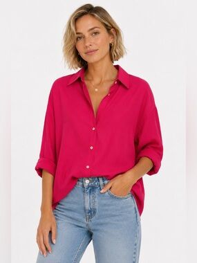 Zara Oversized Fuchsia Poplin Button-Down Shirt XS Barely Worn